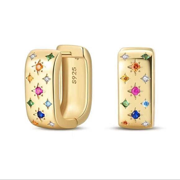 Gold-Plated Sterling Silver Huggie Hoop Earrings with Multicolored Gemstones - Picture 2 of 10